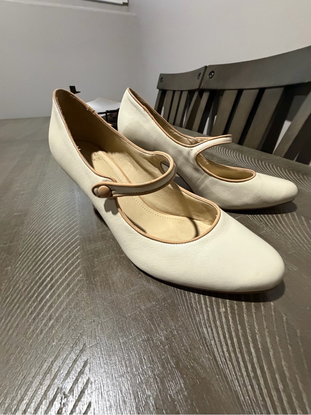 Alex Marie Cream Mary Jane Heels with Tan Trim
